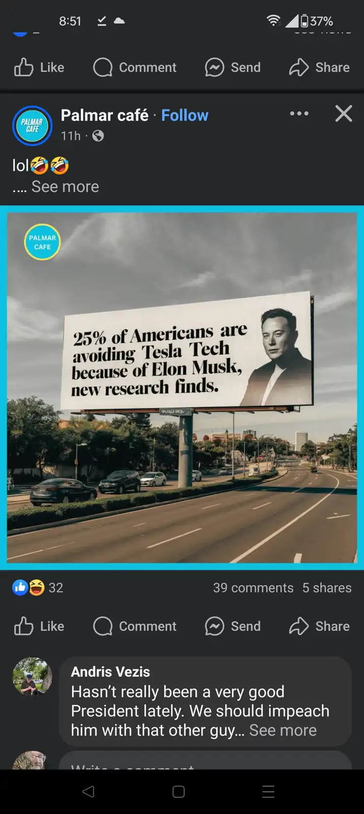 A photograph of a roadside billboard featuring a black-and-white portrait of Elon Musk alongside text claiming '25% of…