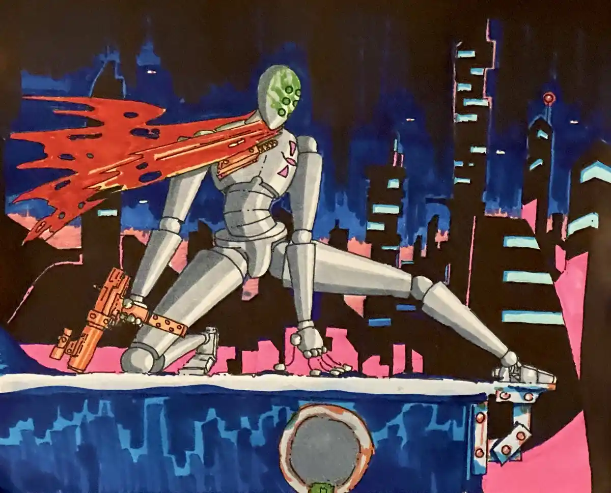 A hand-drawn illustration depicts a silver robot with a green, patterned face, standing on a platform against a stylized…