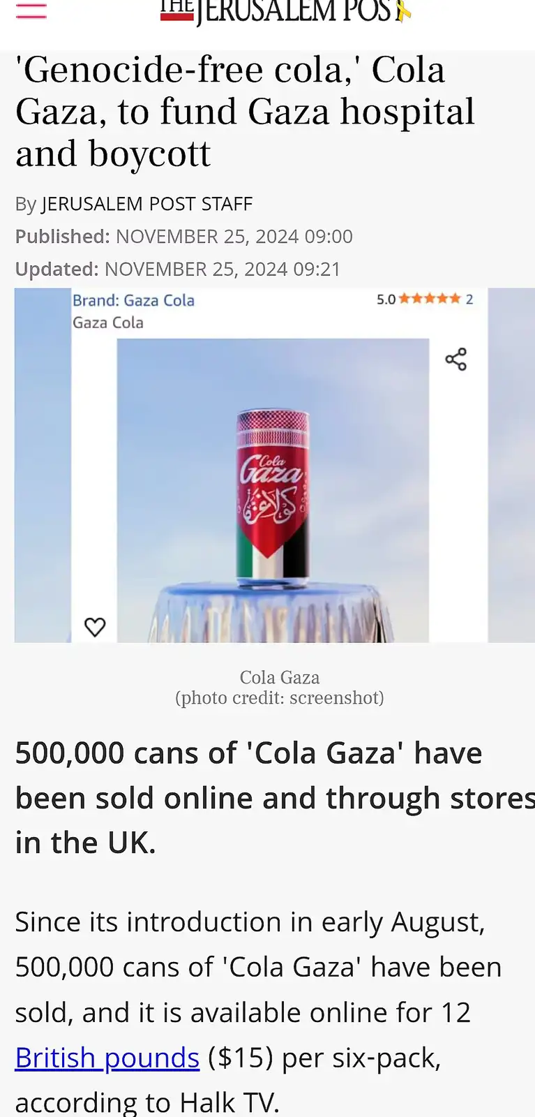 A screenshot of a Jerusalem Post article about 'Cola Gaza,' a beverage can designed with the Palestinian flag colors and…