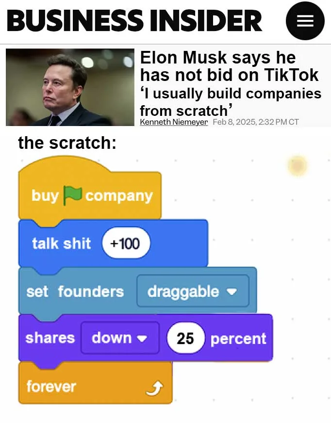 A screenshot of a Business Insider article about Elon Musk's statement that he usually builds companies from scratch…