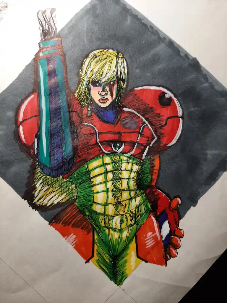 A hand-drawn illustration shows a muscular, blonde-haired character in a red and green armored suit holding a large blue and…
