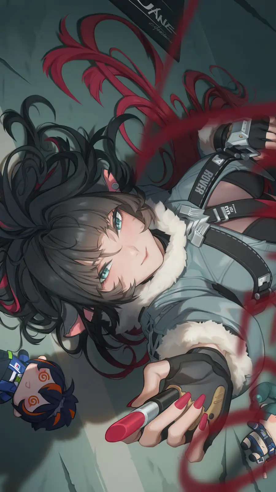 An anime-style illustration shows a female character with dark hair and blue eyes lying down, holding a red lipstick. She…