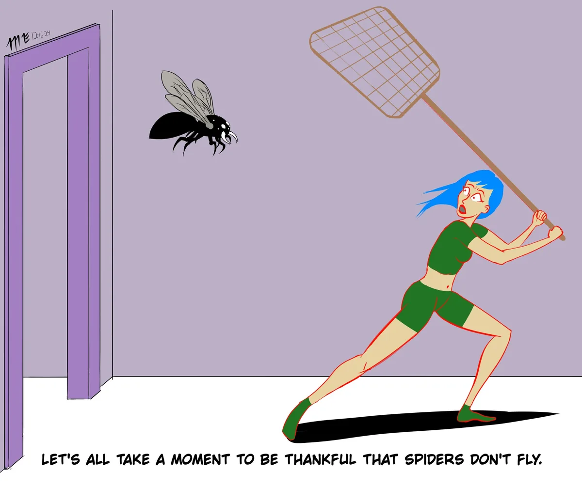A cartoon woman with blue hair, wearing green shorts and a crop top, swings a fly swatter at a large black wasp flying near…