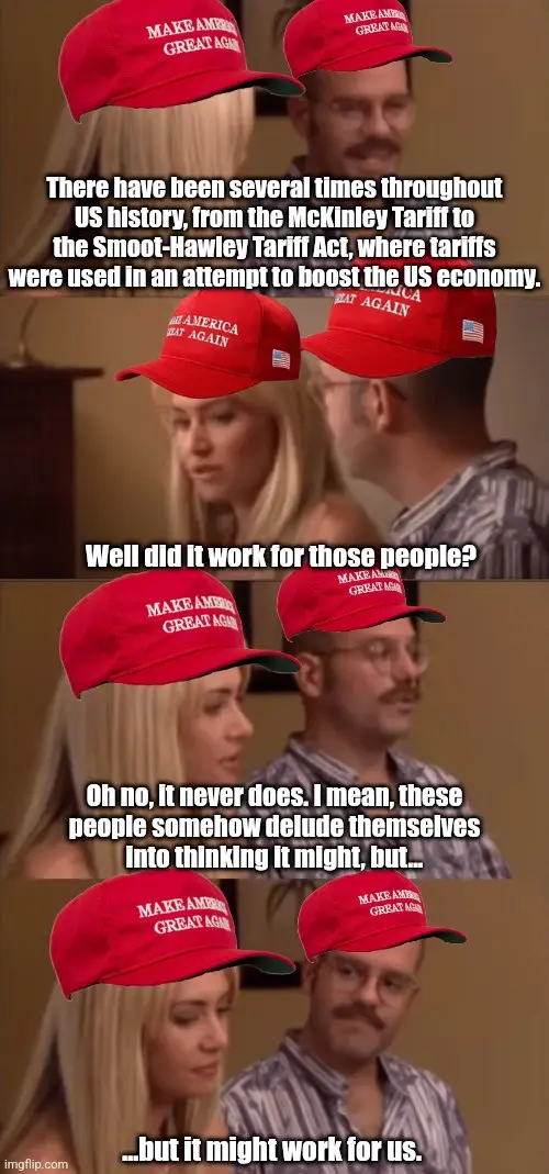 A four-panel meme featuring a man and woman wearing red 'Make America Great Again' hats, with overlaid text discussing…