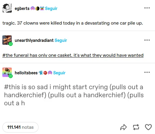 A screenshot of a social media post showing three comments about a fictional tragic event involving 37 clowns killed in a…