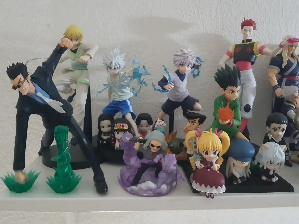A collection of Hunter x Hunter anime figurines is displayed on a shelf, featuring characters like Killua, Gon, Hisoka, and…