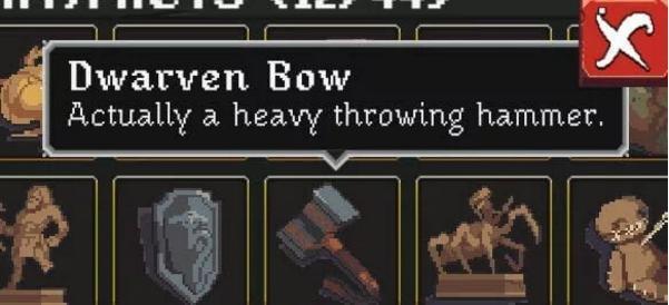 A pixel-art inventory screen from a game shows a 'Dwarven Bow' item with a tooltip that reads 'Actually a heavy throwing…