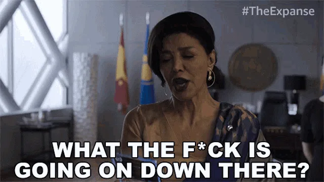 A six-panel meme from the TV show 'The Expanse' shows a woman in a blue patterned top repeatedly shouting 'WHAT THE F*CK IS…