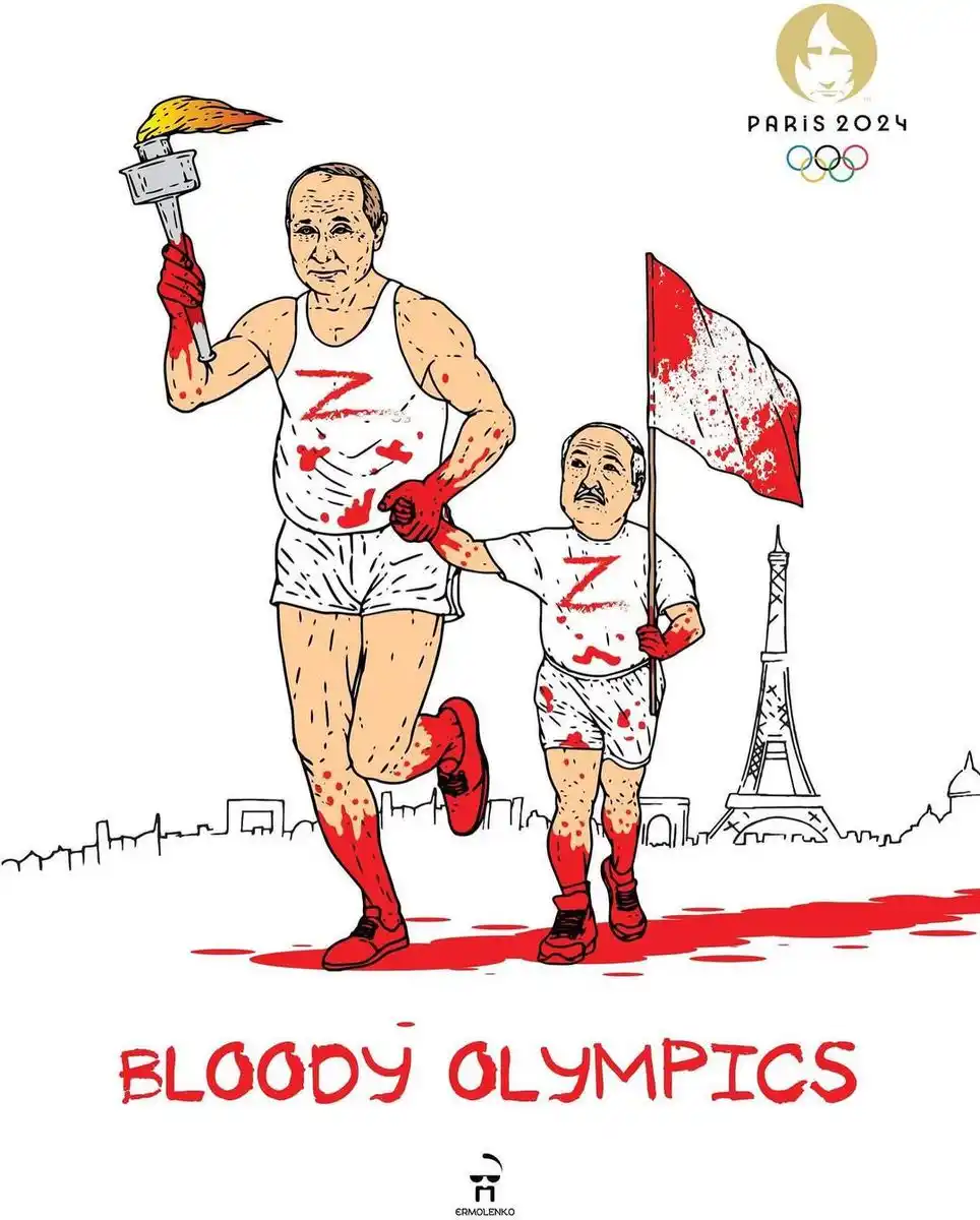 Two cartoonish men, resembling Vladimir Putin and Alexander Lukashenko, run in Olympic-style attire with blood splatters on…