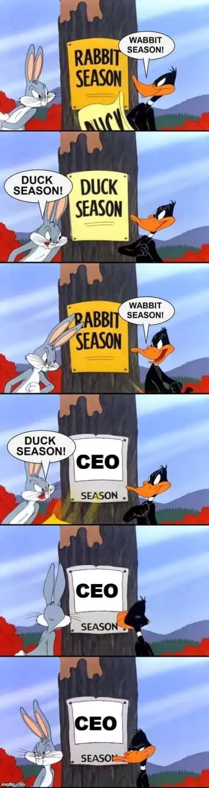 A six-panel comic strip featuring Bugs Bunny and Daffy Duck standing beside a tree with changing signs. Initially, the signs…