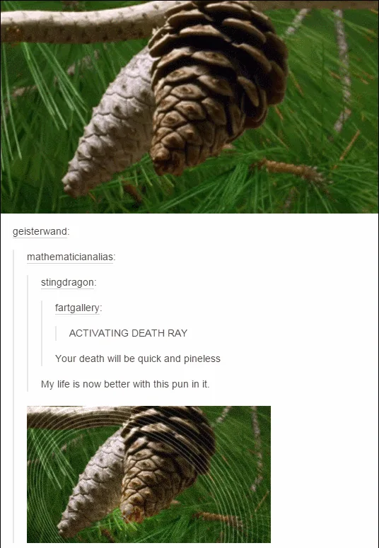 A pinecone is shown on a branch with grass in the background. Overlaid text mimics a chat log where 'fartgallery' says…