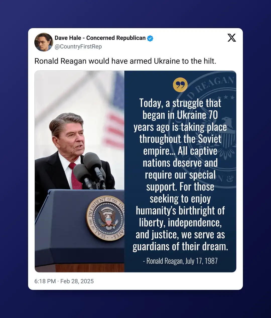 A screenshot of a tweet from 'Dave Hale - Concerned Republican' showing a photo of Ronald Reagan speaking at a podium with…