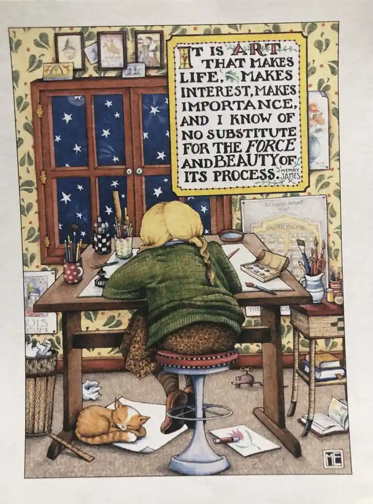 An illustration shows a person with blonde braided hair, wearing a green sweater and leopard-print pants, sitting at a…
