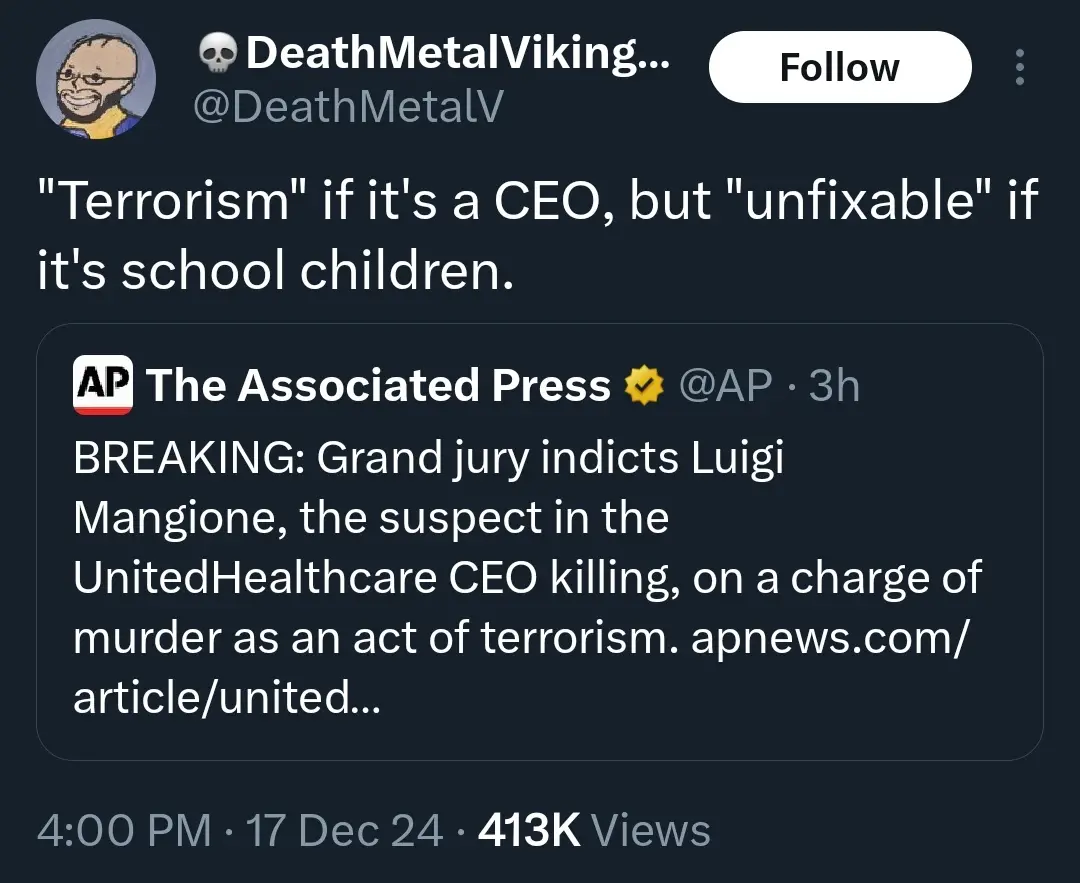 A screenshot of a Twitter post by user @DeathMetalV showing a tweet from The Associated Press about indicting Luigi Mangione…