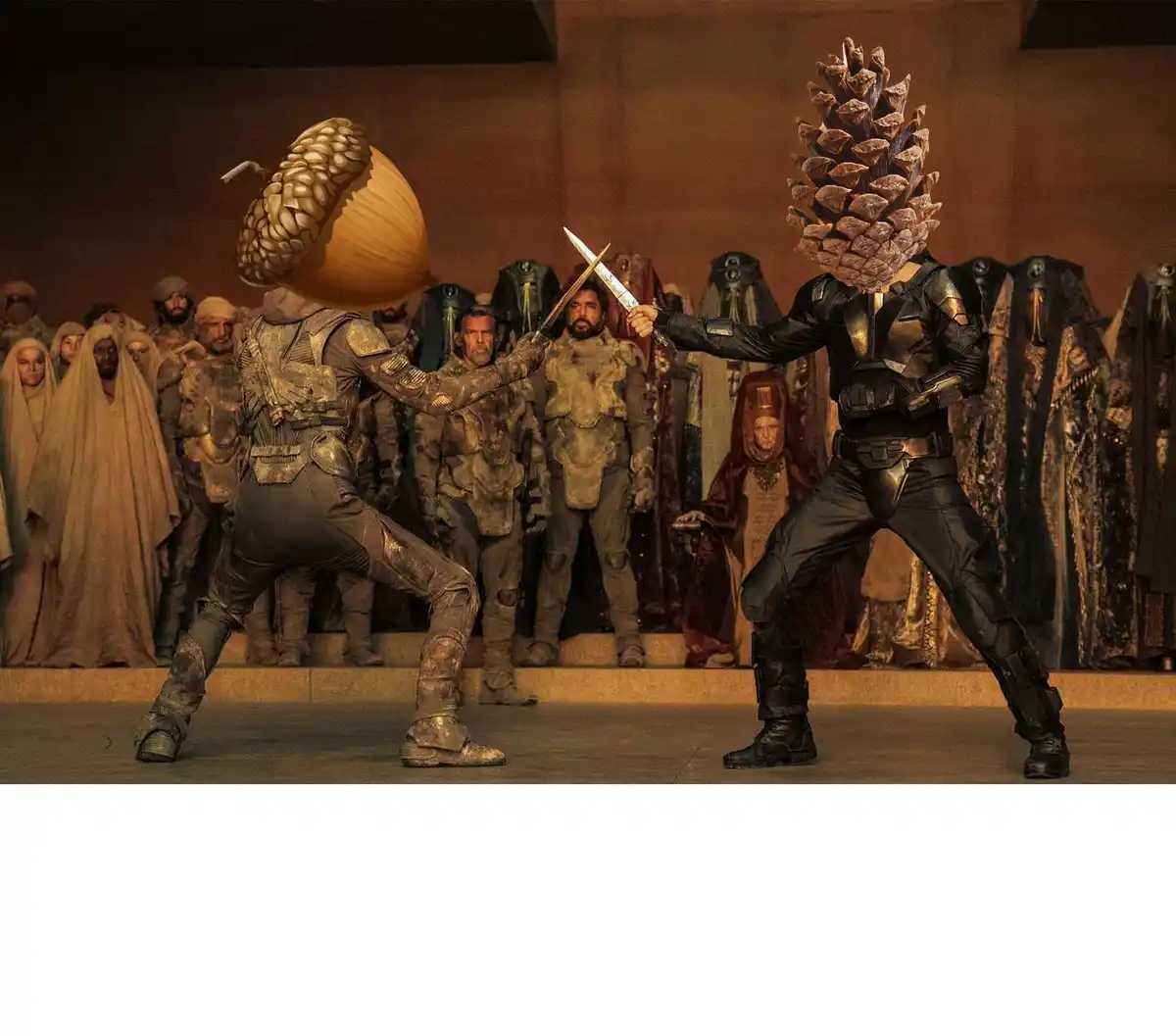 Two armored figures face off in a dramatic standoff, their heads replaced with an acorn and a pinecone respectively, while…