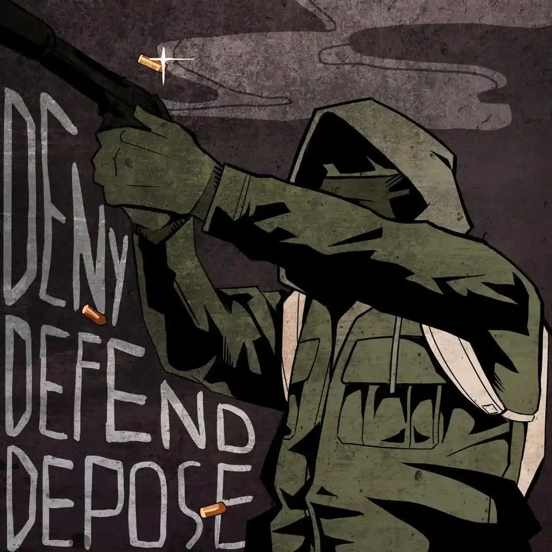 A stylized illustration shows a hooded figure in a green military-style uniform aiming a rifle, with smoke and spent bullet…
