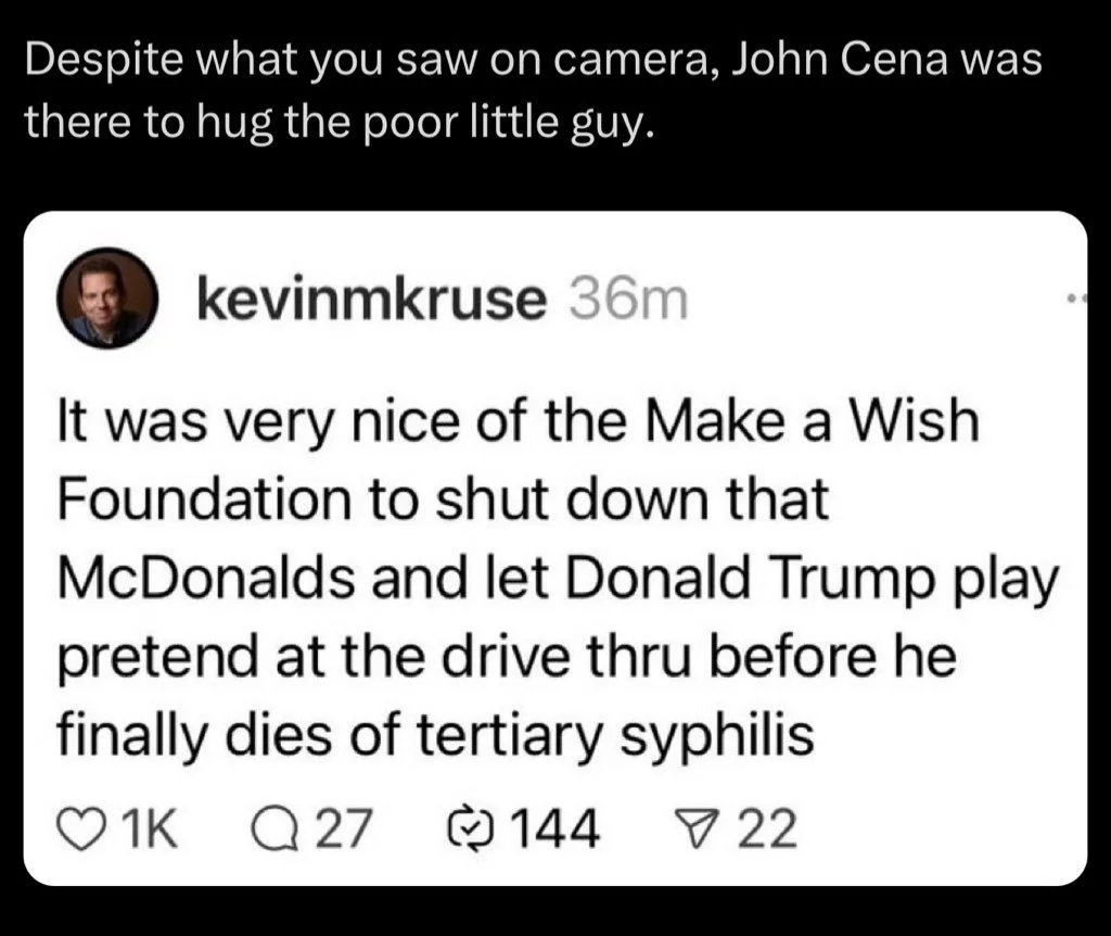 The image displays a screenshot of a social media post by user 'kevinmkruse' that reads: 'It was very nice of the Make a…