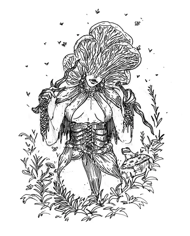 A black-and-white line drawing depicts a humanoid figure with a large, elaborate mushroom cap as a head, standing in a…