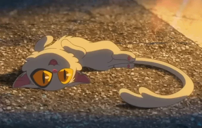 The image shows a sequence of six panels featuring an animated cat lying on its side on a textured ground, with its eyes…