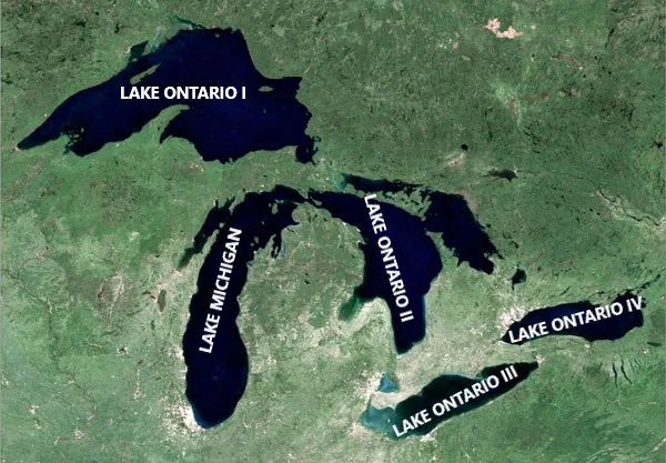 A satellite image of the Great Lakes with labels humorously misidentifying Lake Ontario as 'Lake Ontario I', 'Lake Ontario…
