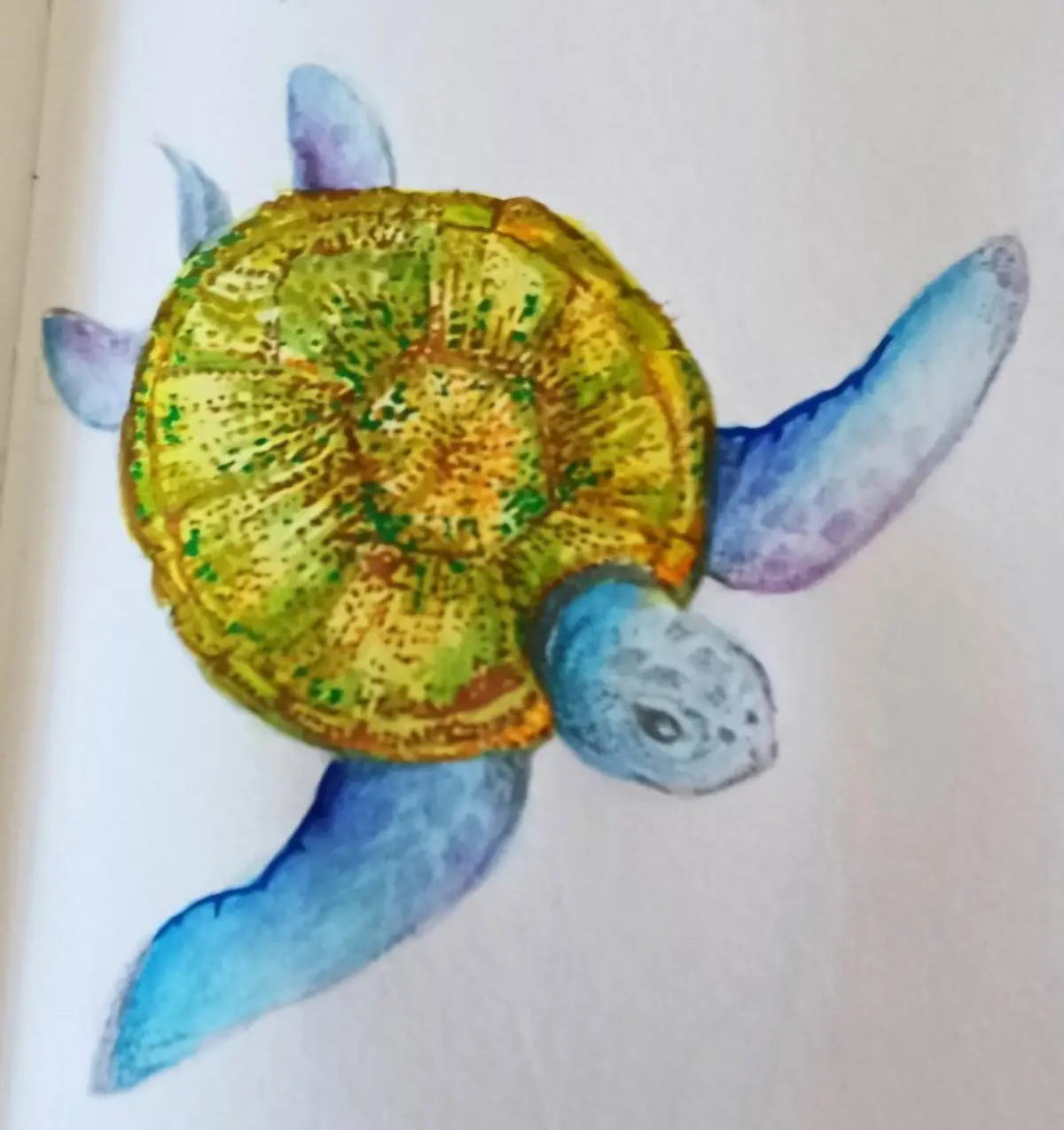 A watercolor painting of a sea turtle with a yellow-green shell that visually resembles a city skyline, featuring buildings…