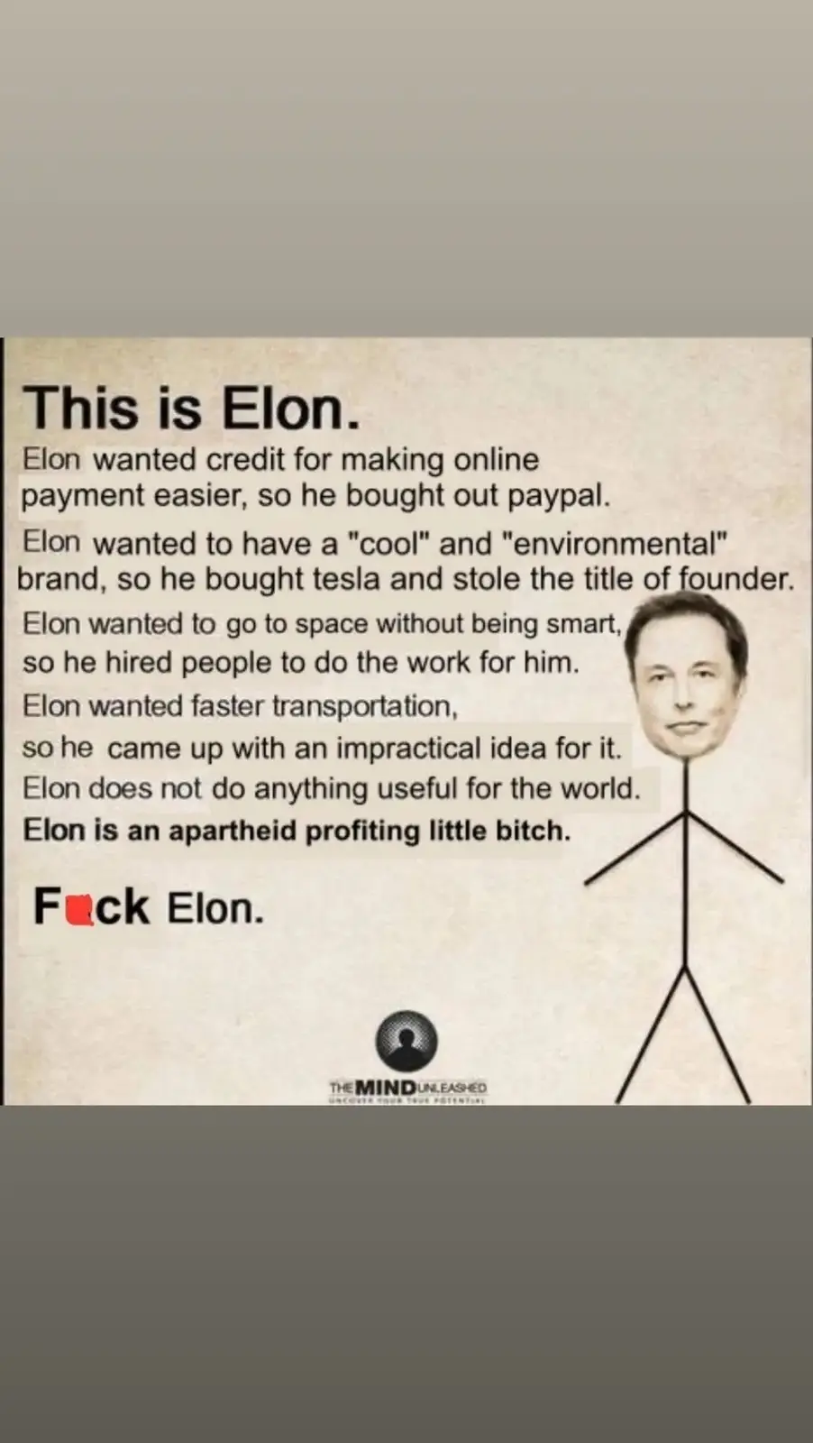 A stick figure with Elon Musk's face superimposed on it, accompanied by a list of accusations against him, including buying…