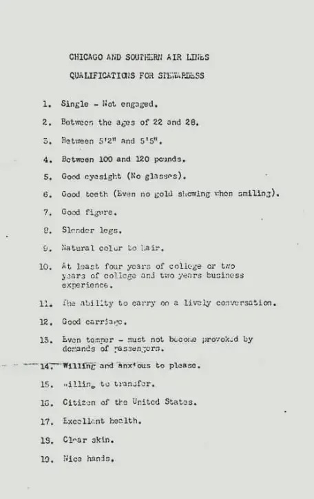 A scanned document titled 'CHICAGO AND SOUTHERN AIR LINES QUALIFICATIONS FOR STREAPLESS' lists absurdly specific and…