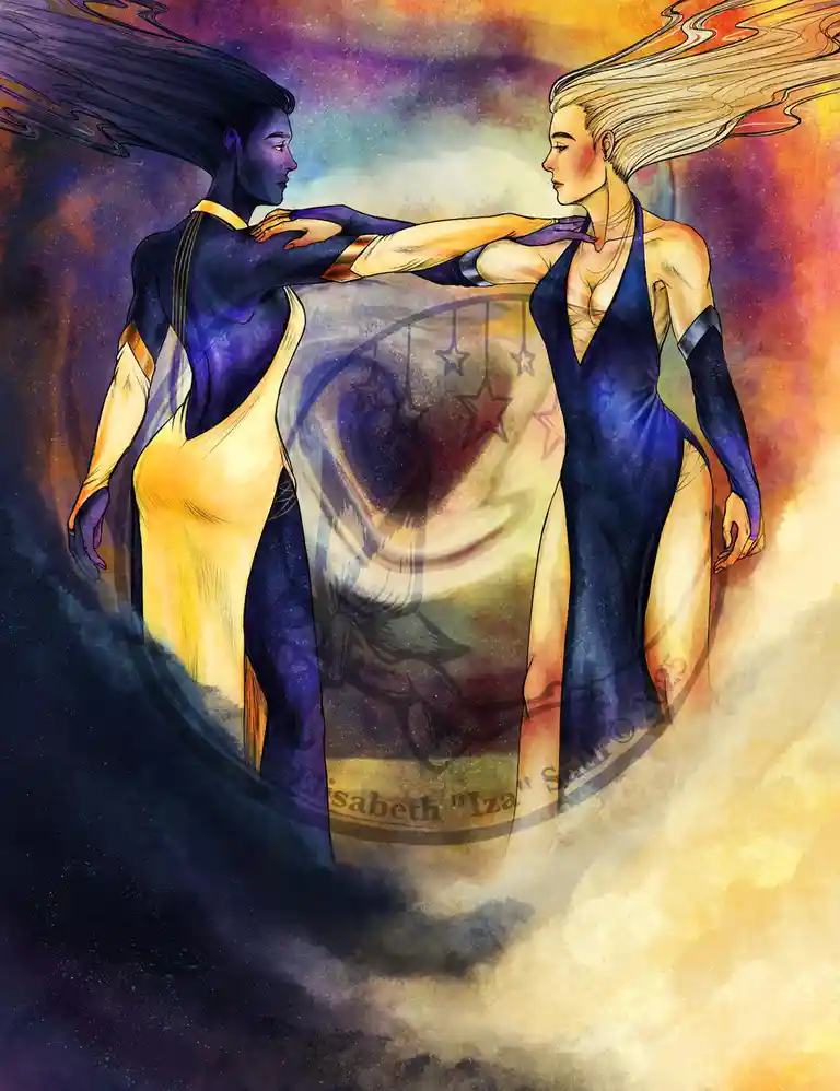 Two women, one with dark skin and purple hair, the other with light skin and blonde hair, face each other in a cosmic…