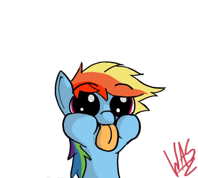A cartoon pony with rainbow-colored hair and large, teary eyes is covering its mouth with both hooves while its tongue…