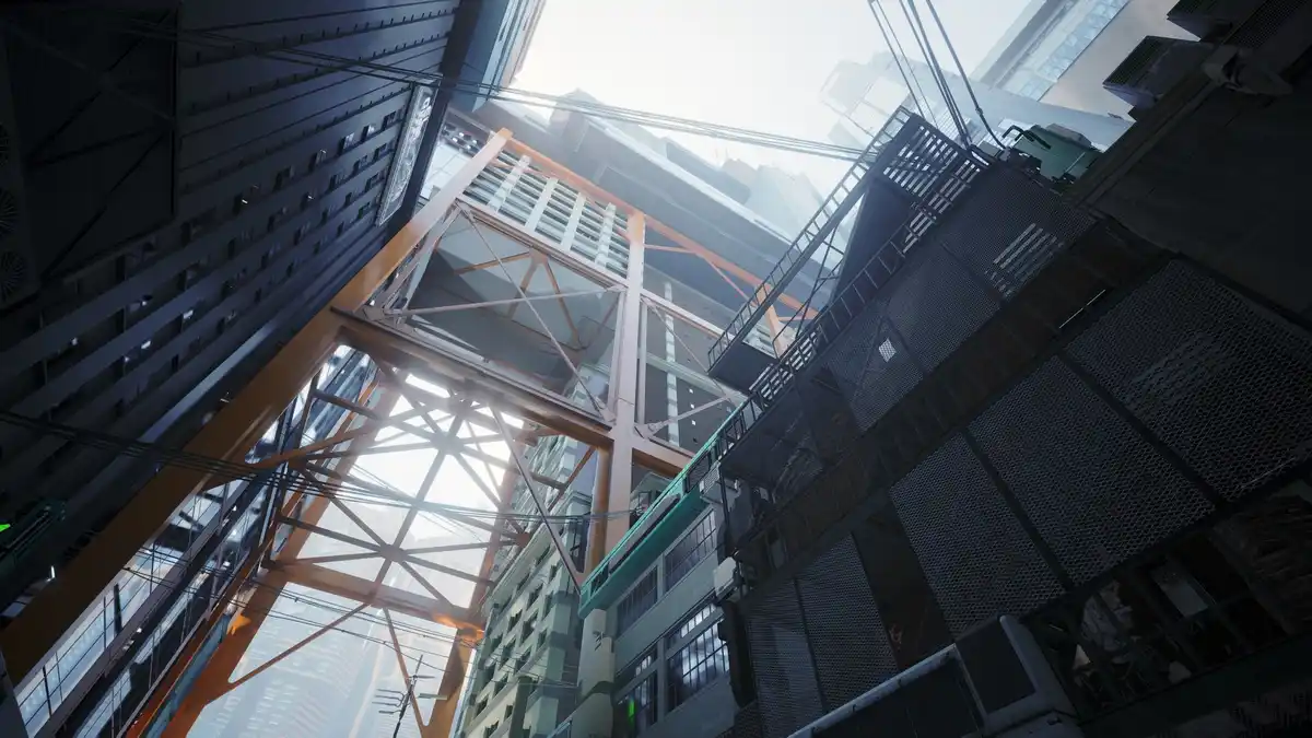 A low-angle shot of a dense urban alleyway between tall buildings, featuring a prominent orange steel truss structure and…