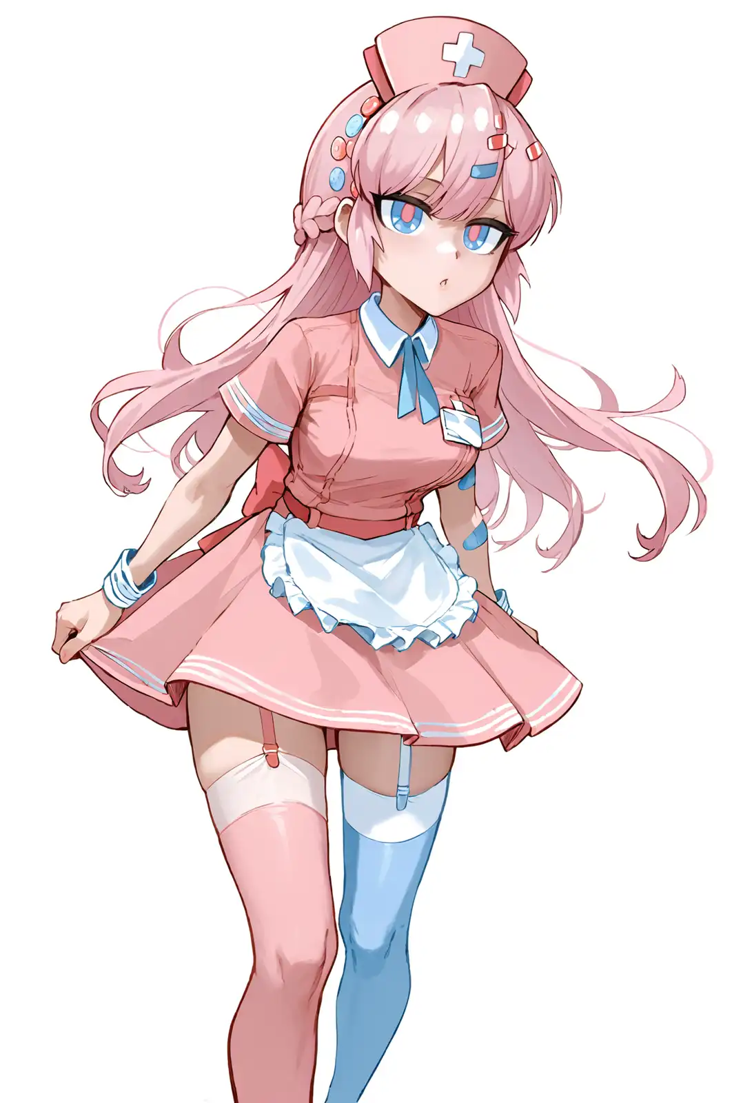 An anime-style illustration of a pink-haired female character in a pink nurse uniform with a white frilly apron, blue bow…
