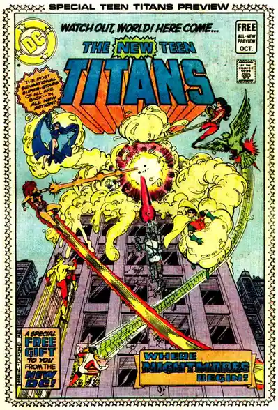 This is a vintage comic book cover for 'The New Teen Titans' featuring dynamic superhero action with characters flying and…