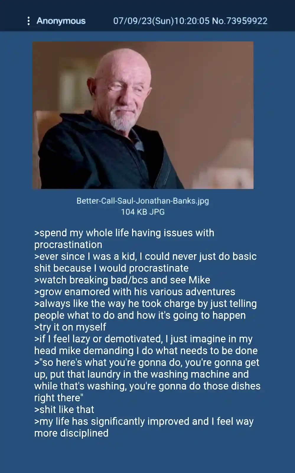 A screenshot of a 4chan post featuring a photo of actor Jonathan Banks as his character Mike Ehrmantraut from Breaking Bad…