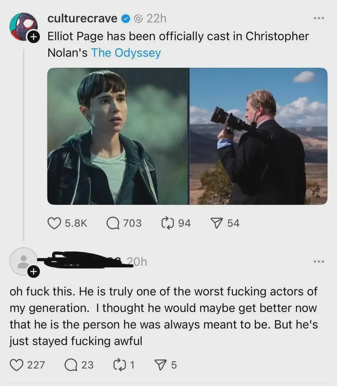The image shows a split-screen: on the left, actor Elliot Page in a dark jacket looking concerned; on the right, director…