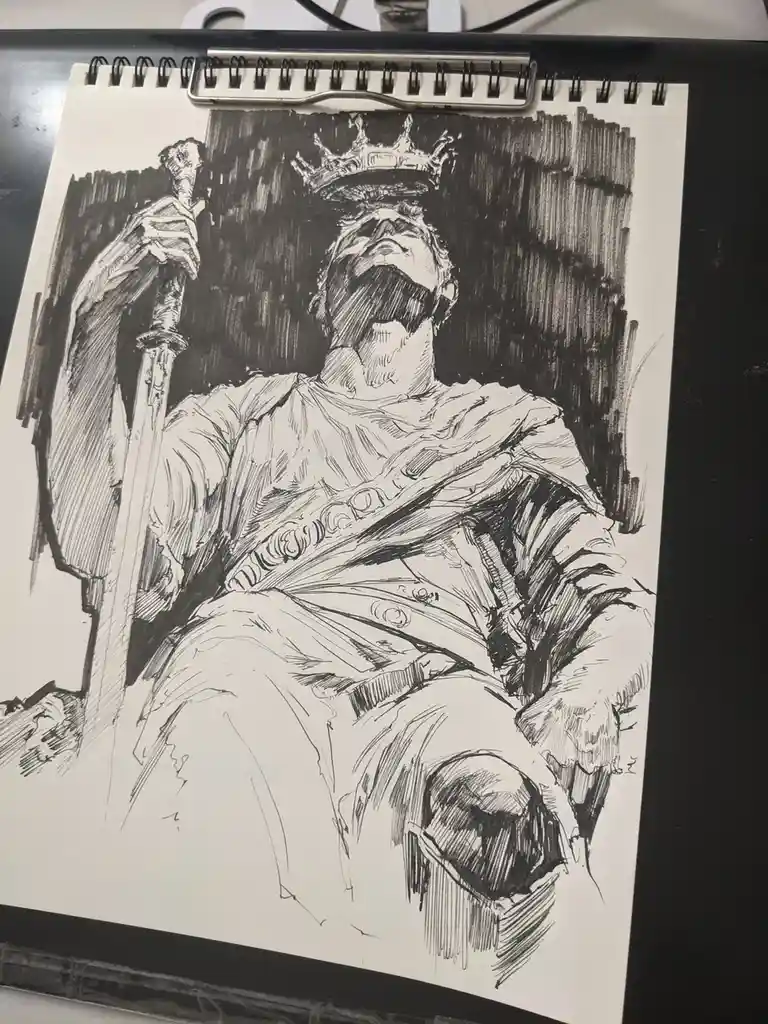 A black-and-white sketch of a crowned, bearded man in regal robes sitting on a throne, holding a sword upright, with his…
