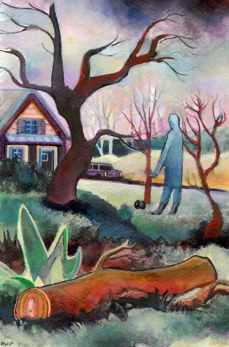 A surreal, painterly scene depicts a blue, hooded figure standing in a yard next to a small house and a purple car, with…