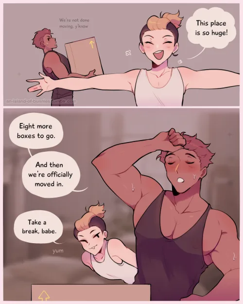 Two muscular anime-style characters are moving boxes. In the top panel, the woman with blonde hair in a bun and white tank…
