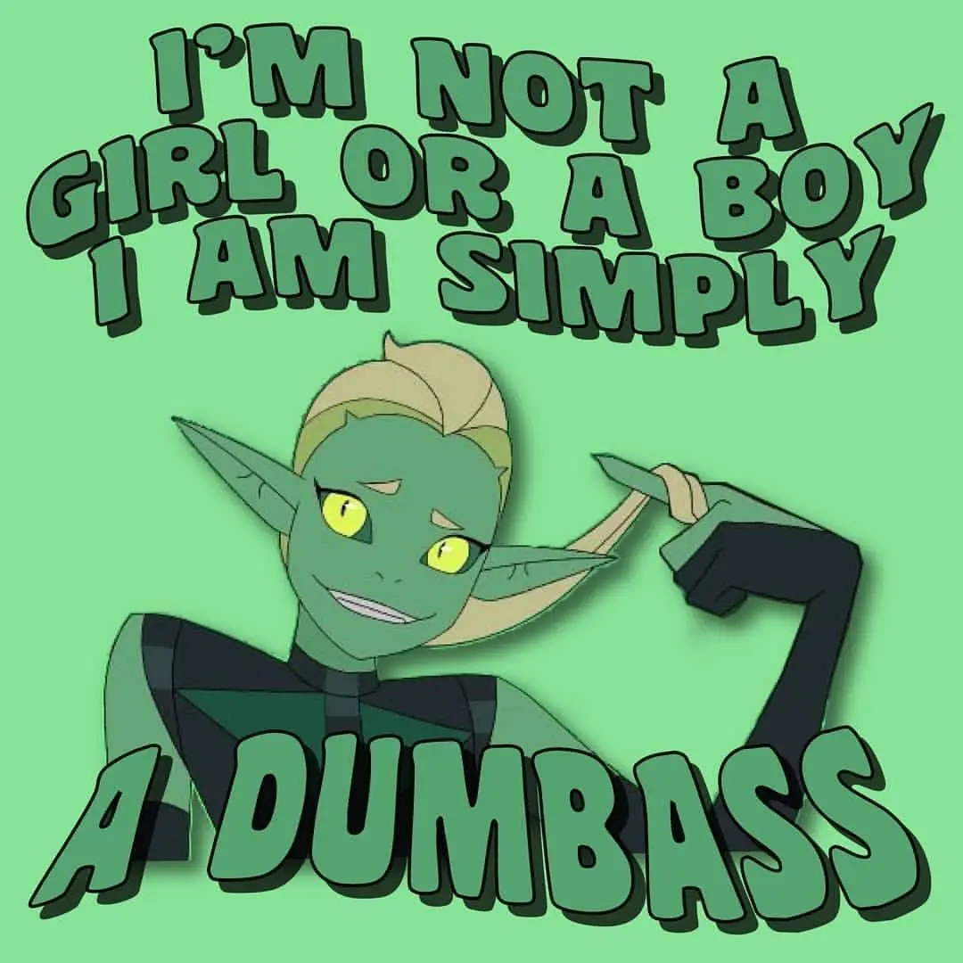 A green-skinned, pointed-eared cartoon character with yellow eyes and blonde hair, wearing a black outfit, flexes their…