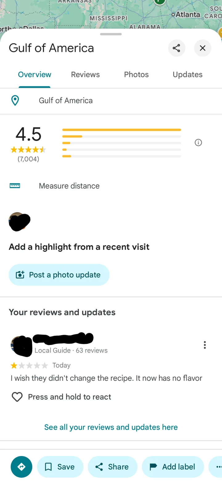 A screenshot of a Google Maps review page for 'Gulf of America' showing a 4.5-star rating. A user review from a 'Local…