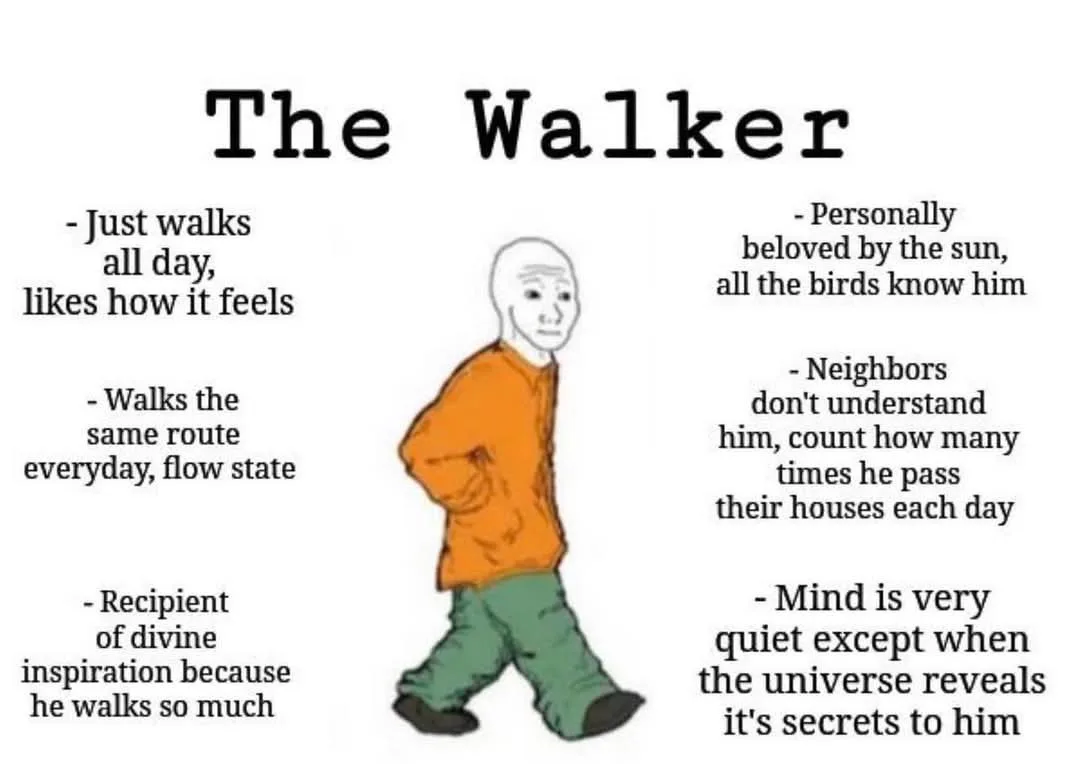 A cartoon drawing of a bald man in an orange shirt and green pants walking, surrounded by text describing him as 'The…