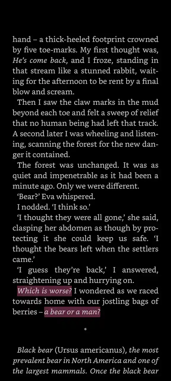 The image displays a block of text from a story describing a tense encounter with animal tracks in the forest. The narrator…