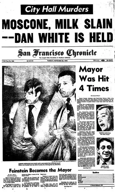 A black-and-white newspaper front page from the San Francisco Chronicle dated November 28, 1978, reporting on the…