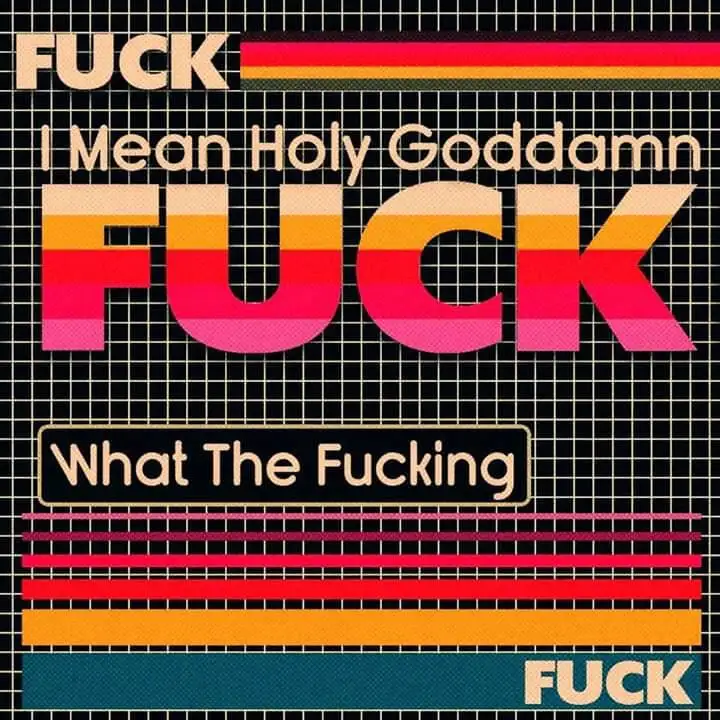 A retro-futuristic graphic with a black grid background and colorful horizontal stripes. The text 'FUCK' appears multiple…