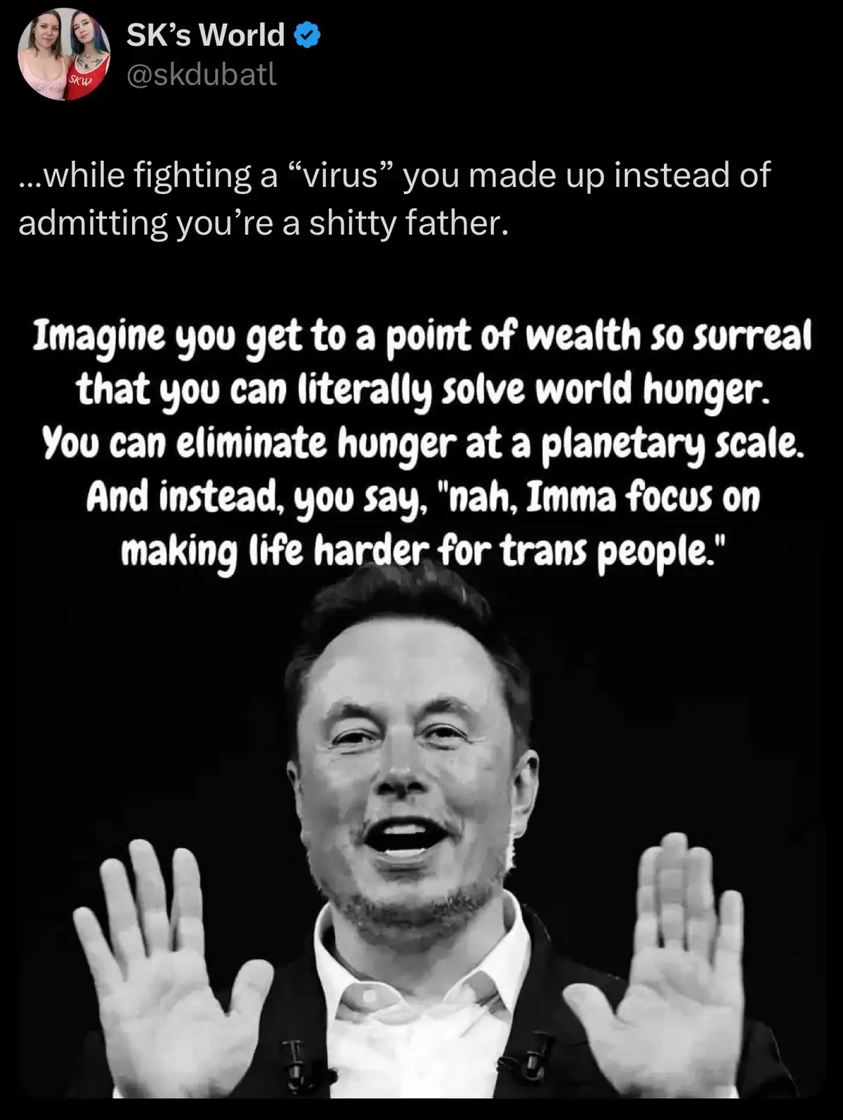 A black-and-white image of Elon Musk with his hands raised in a gesture of exasperation or surrender. Overlaid text…