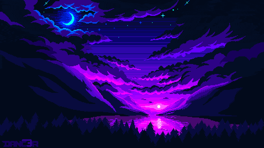 A pixel-art landscape depicts a surreal night scene with a glowing crescent moon, vibrant purple and blue clouds, and a…