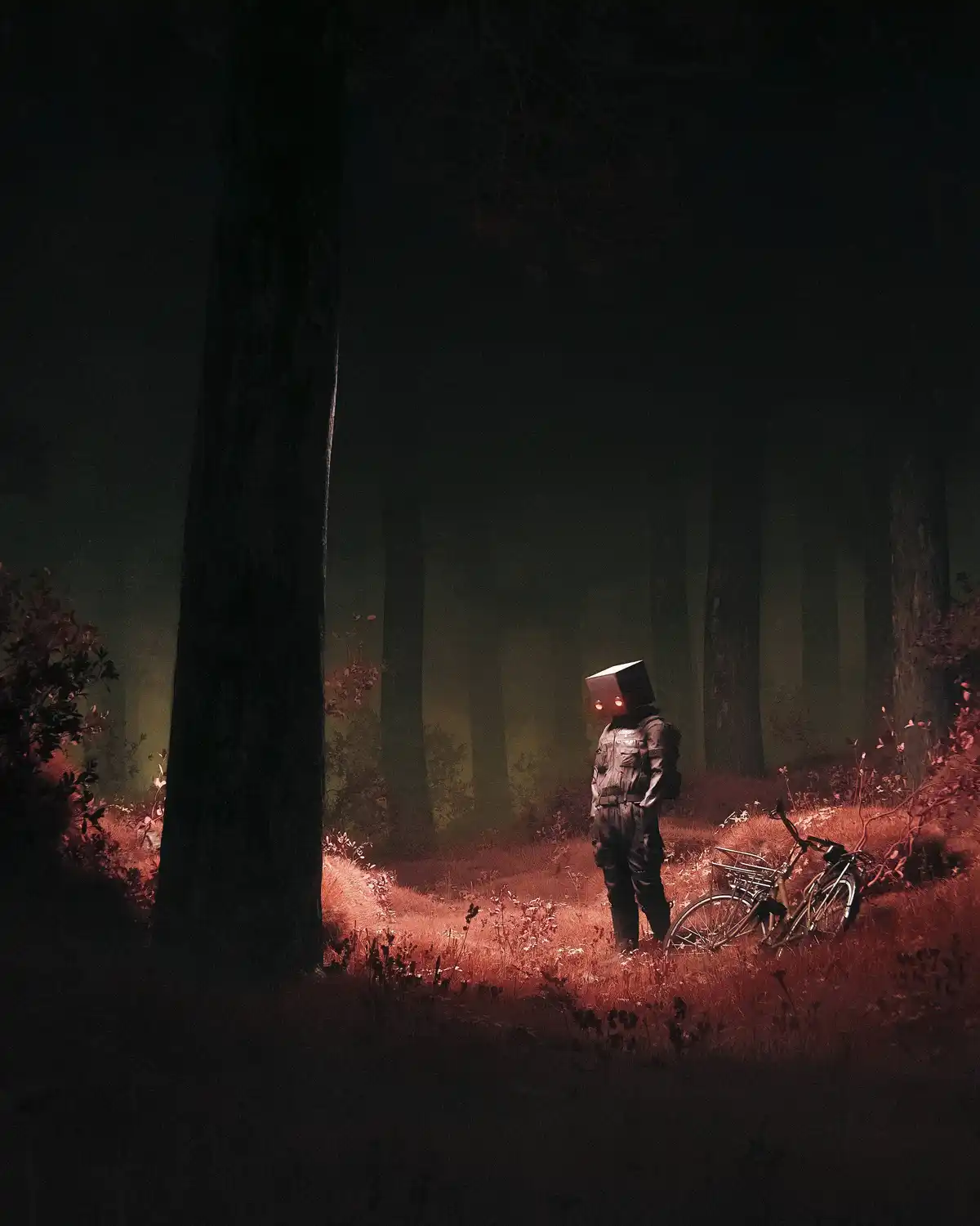 A person with a glowing red-eyed computer monitor for a head stands alone in a dark, misty forest at night, next to a…