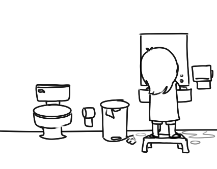 A black-and-white line drawing shows a person standing on a small step stool, reaching up to a bathroom mirror while holding…