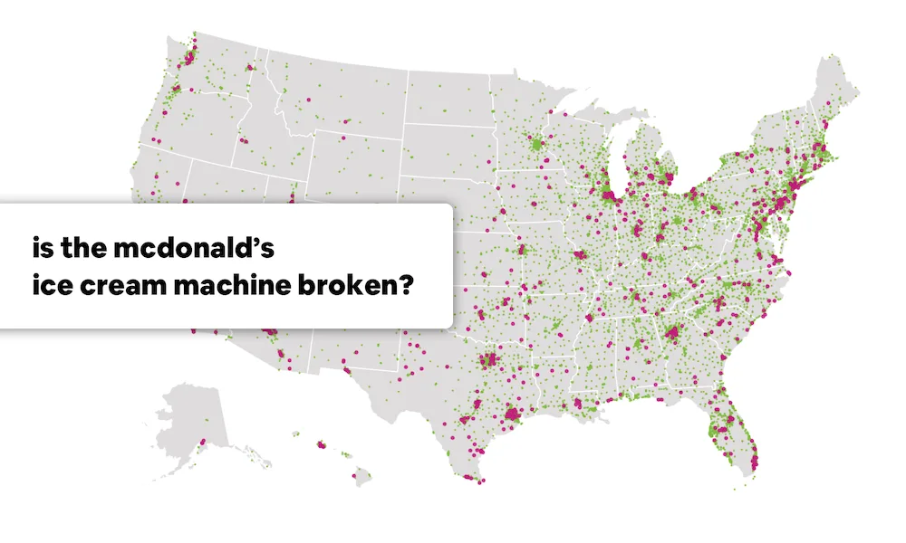 A map of the United States covered in numerous green and pink dots, with a white text box in the lower-left corner asking…