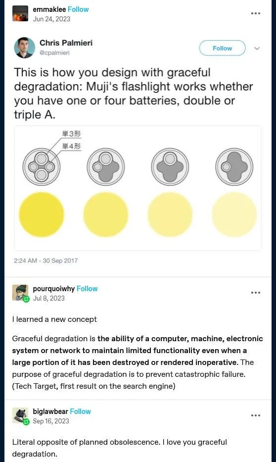 A screenshot of a Twitter thread where Chris Palmieri shares a diagram showing Muji's flashlight design with four battery…