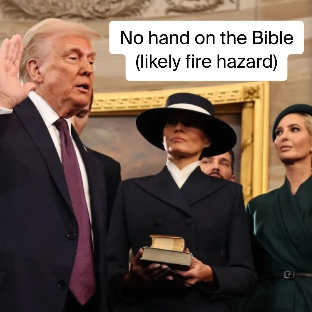 A man in a suit raises his right hand while swearing an oath, standing beside a woman holding an open Bible. Another woman…